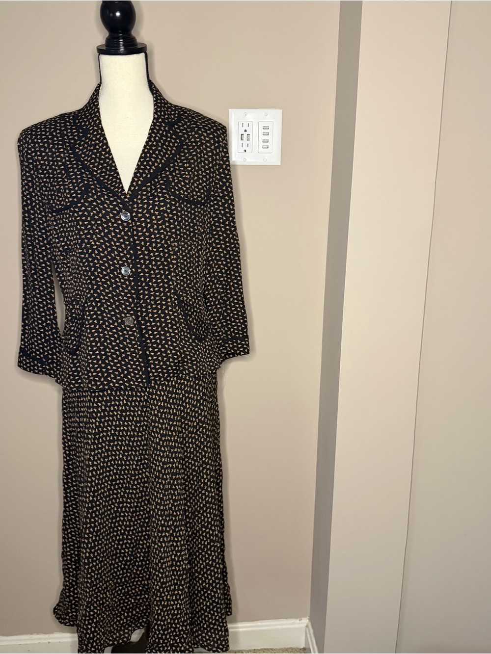 Black Printed Button Front floral Blouse and Skirt Set